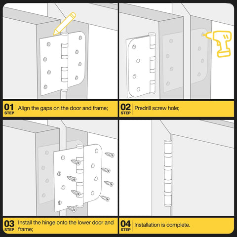 Installation steps for Ball Bearing Door Hinges 4x4 Inches Square Corner Five Eighths Radius Heavy Duty Stainless Steel Brushed Nickel.