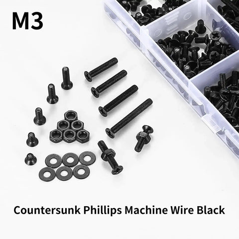 Beefy Heavy Duty M3 Screws And Nuts Kit 1110 Pcs Set with black Phillips flat head countersunk bolts washers nuts carbon steel.