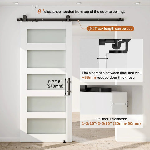 6 Ft Sliding Barn Door Hardware Kit with Heavy Duty Track System spliced rails, black solid steel, installed on door