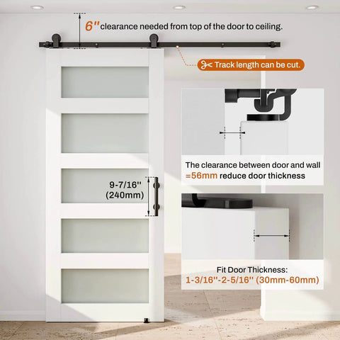 6 Point 6 Foot Sliding Barn Door Hardware Kit Beefed Up With Track And Rails Door Handle Floor Guide Splice Rails Rollers And Stops For A Heavy Duty Single Door Easy Install displayed installed on a white door showing clearance and track details.