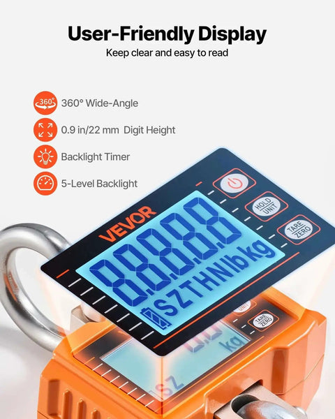 Close-up of digital crane scale with LCD display, showing numbers, features of Beast Of A Digital Crane Scale With 4400 Lbs Capacity