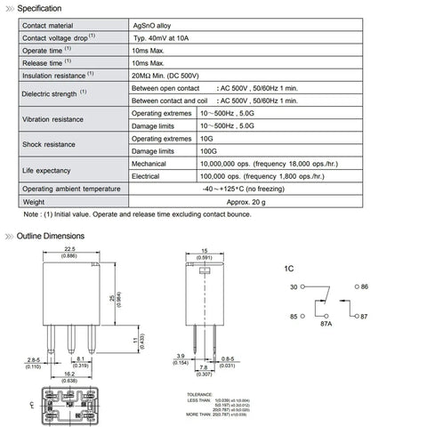 Specification sheet for 12VDC 35A SPDT Automotive Relay with 5 Pins for General Power Use ISO 280 Footprint Tough Low Cost