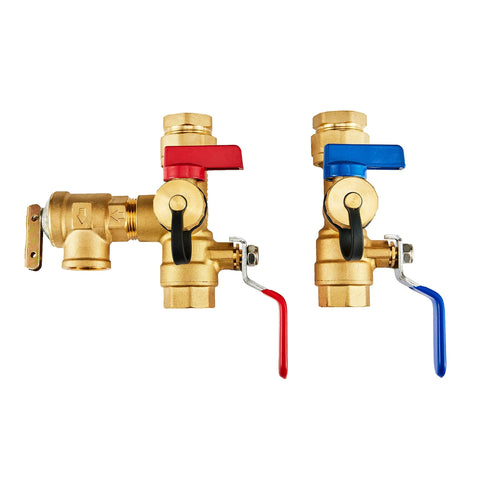 3/4 in IPS EFIELD isolator tankless water heater service valve kit with pressure relief valve, brass