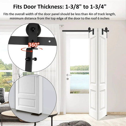 Bi-Fold Barn Door Hardware Kit For Closet, 30 Inch Track System For Two Doors, Black Roller Guides, Installed View