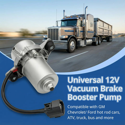 12V brake booster vacuum pump kit with wiring harness, silver metal pump and black connector beside a large semi-truck
