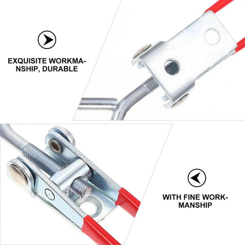 Close-up of Eight Piece Adjustable Iron Toggle Latch Clamps With Quick Release, zinc plated metal with red handles for secure clamping.