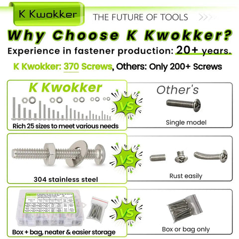 Comparison chart of K Kwokker 1110 Piece Nuts Bolts and Washers Set With 25 Sizes and 5 Models Stainless Steel 304 Screws Kit