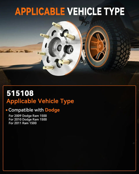 2 Pack Front Wheel Bearing Hub Assembly 515108 Fits Chevy Colorado 2004-2008 And GMC Canyon 2004-2008 With ABS 6 Lug Replacement Wheel Hub For Isuzu I-370 2007-2008 Built Tough displayed on a black background with vehicle compatibility for Dodge.