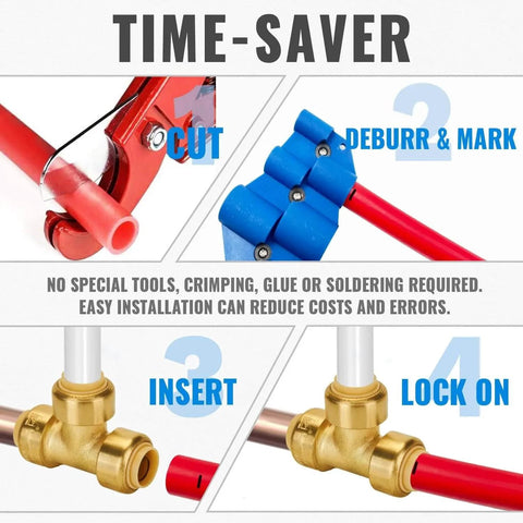Half Inch Push To Connect Tee Fittings Pack Of 2 No Lead Brass Tee Connector For PEX Copper And CPVC Plumbing UPC And CUPC Certified ASSE 1061 NSF ANSI 61 With One Disconnect Clip For Quick Easy Installations showing installation steps