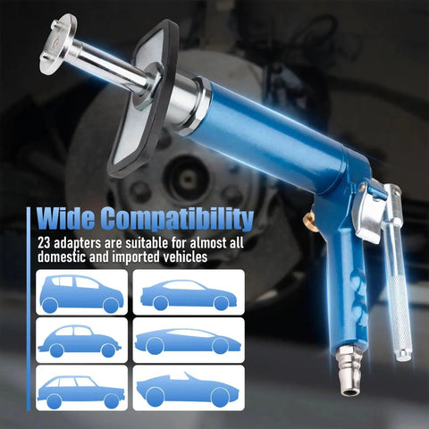 Pneumatic brake caliper wind-back tool kit with 23 adapters, blue aluminum body for brake pad replacement.