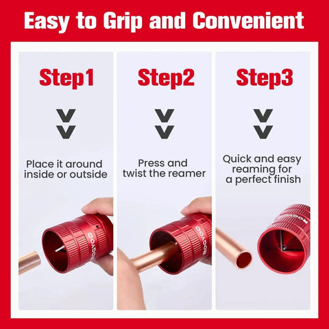 Deburring Tool For Pipe Chamfering And Deburring Reamer With Four Solid Cutting Edges Fits 1/4 Inch To 1-5/8 Inch Tubes For PVC Copper And Aluminum Pipes Red, shown in use during three steps of pipe chamfering process.