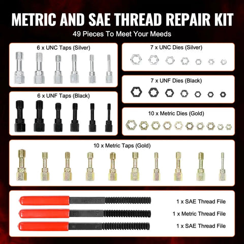 49 Piece Thread Restorer Set With Heat Treated Steel Taps Dies UNC UNF Metric showing various taps and dies with labels.