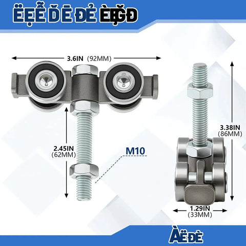 Diagram showing Hidden Bolt Design 4 Wheel Silent Trolley Rollers with dimensions and M10 bolt for 1-5/8 inch channels.