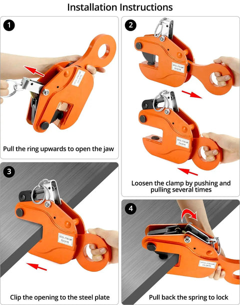Installation instructions for 2-Ton Vertical Plate Lifting Clamp With 4400 Lb Capacity For Welding, showing step-by-step usage.