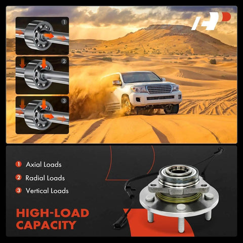 Two Front Wheel Bearing And Hub Assembly With ABS For Ram 1500 2012 2018 And 1500 Classic 2019 2022 Five Lug High Load Roller Bearing Hub Replacement For Smooth And Quiet Ride displayed with load capacity details.