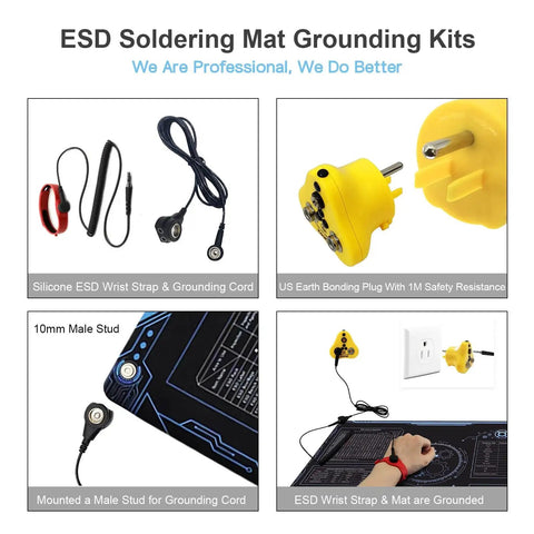 ESD Safe 36 By 24 Inch Rubber Mat Kit For Electronics Repair including grounding cord and antistatic wrist strap, various components shown