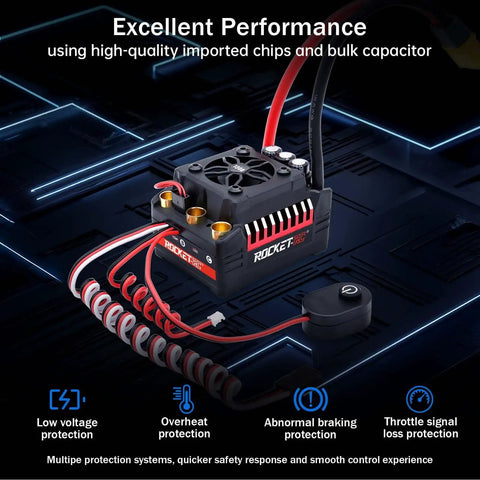 Supersonic V2 130A Beefed Up Brushless ESC With Overheat Protection for one eighth scale RC cars, showing wiring and heat sink