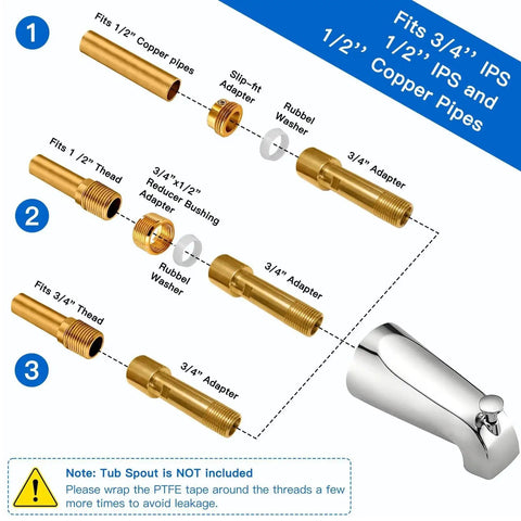 Brass Tub Spout Adapter Kit For One Half Inch Copper And One Half Inch IPS And Three Quarter Inch IPS Pipes with assembly instructions