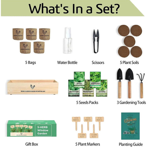 All In One Kitchen Windowsill Herb Garden Starter Kit That Makes Growing Basil Parsley Rosemary Thyme Mint A Breeze With Five Seed Varieties Planter Box Bags Discs Markers Tools Pruner Water Bottle And Easy DIY Guide contents