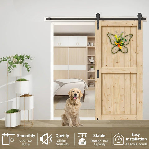 Workhorse Heavy Duty Barn Door Hardware Kit 5 Ft Sliding Door Track Set With Floor Guide And Two Handles installation view
