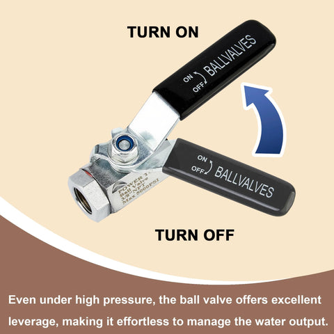 Power Town ball valve close-up, 3/8 in quick-connect, stainless steel with dual black levers for high-pressure hose