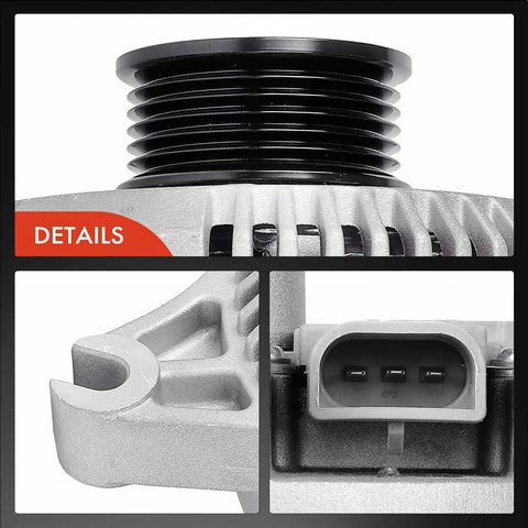 Close-up of Beefed-Up 12V 130A Alternator for Ford Super Duty Trucks, showing pulley, mounting point, and electrical connector detail.