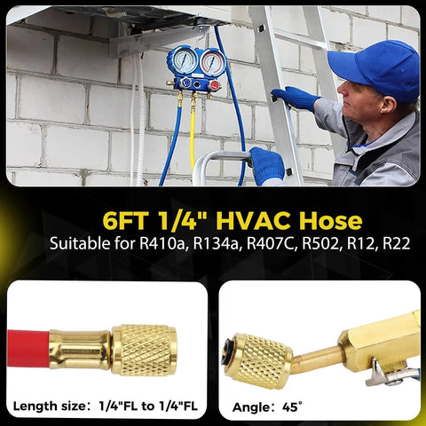 HVAC hose set, three-piece 6 ft 1/4in with color-coded red, yellow, blue hoses and brass fittings with compact ball valve