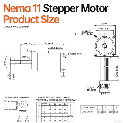 High Torque Nema 11 Stepper Motor 2 Phase 1.8 Degree, 15Ncm Bipolar With 4 Lead Cable 1M technical diagram and dimensions