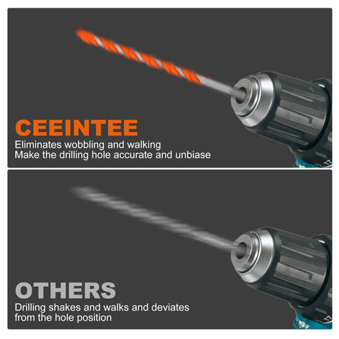 Comparison image of CEEINTEE drill and other drill highlighting better stability of Durable Concrete Drill Bit Set With Carbide Hex Shanks For Masonry And Glass Brick Plastic Cement Tile Includes Twelve Six Inch Bits In Sizes Five Thirty Second Inch Through One Half Inch Ceeintee.