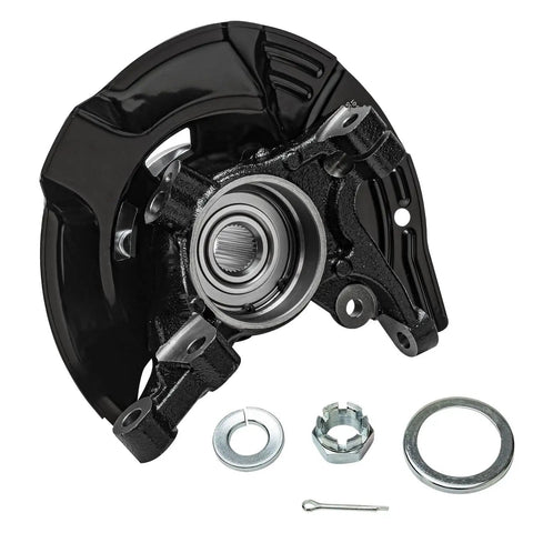 2 Front Steering Knuckles And Wheel Hub Bearing Assembly Kit For Hyundai Sonata 2011 2.0L Sport Suspension Replacement Direct Fit Includes Both Front Knuckles And Bearings Durable Steel Construction Perfect OEM Style Upgrade showing one knuckle and hub bearing with components.