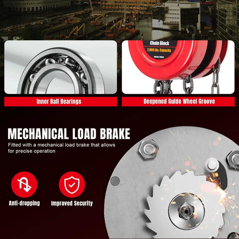 1 Ton Hand Chain Hoist With Mechanical Load Brake, 8 Ft Lift, Dual Heavy Duty Hooks, 2,000 Lb Capacity, 1/4 Inch Alloy Steel Chain