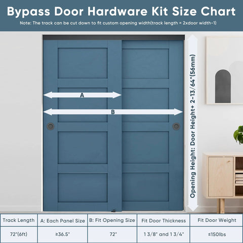 Chart showing measurements for Bypass Sliding Door Hardware, including track length, panel size, opening size, and door thickness.