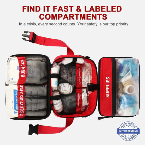 Open 516 Piece First Aid Kit for Car Travel and Home with Waterproof Case and Labeled Compartments showcasing supplies