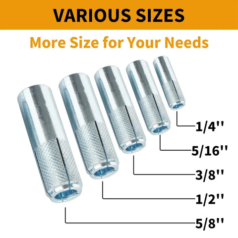 Drop In Anchors 20 Pack Three Eighths Inch 16 Thread Zinc Plated For Concrete Heavy Duty Industrial Strength Secure Mounting Easy Installation Built To Last Ideal For Home Projects Construction And Outdoor Use shown in various sizes including 1/4 inch to 5/8 inch with labels.