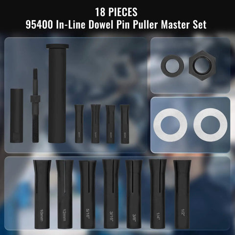 18 Piece Inline Dowel Pin Puller Master Set With SAE And Metric Collets Alloy Steel Construction displayed in packaging
