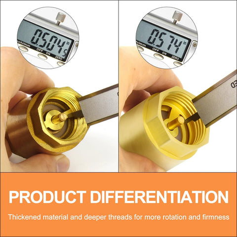 GASHER brass check valve, 1-inch female thread, disassembled showing inner plunger; caliper reads 0.504 in.
GASHER brass check valve, 1-inch female thread, assembled gold housing; caliper reads 0.574 in.