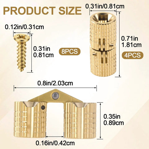 4 Pack Hidden Brass Barrel Hinges 8mm, 180 Degree Concealed Hinges In Gold with product dimensions and included screws.