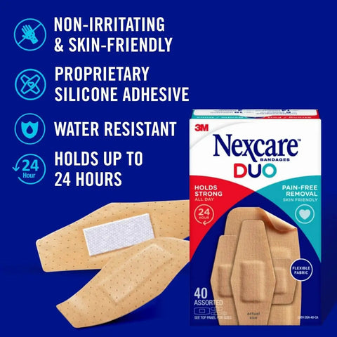 Painless-Removal Bandages 40-Pack box image, strong 24-hour adhesive, water-resistant, flexible fabric with nonstick pad, assorted sizes.