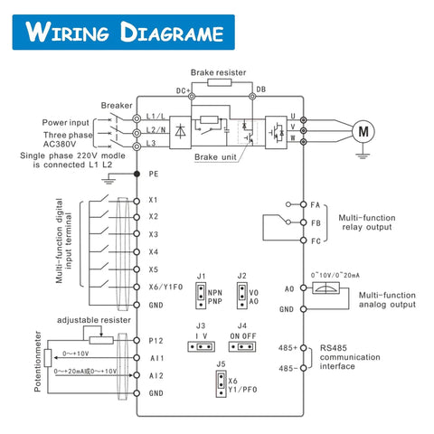 Wiring diagram for One Point Five KW 110V VFD inverter for CNC router, showing connections for single phase to 3 phase conversion.