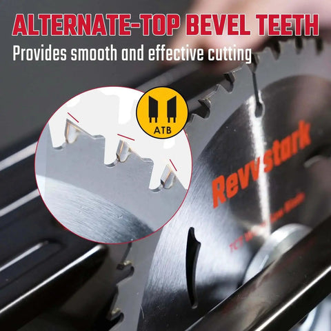 Close-up of heavy duty five and a half inch circular saw blade showing carbide tipped teeth and alternate-top bevel teeth design.
