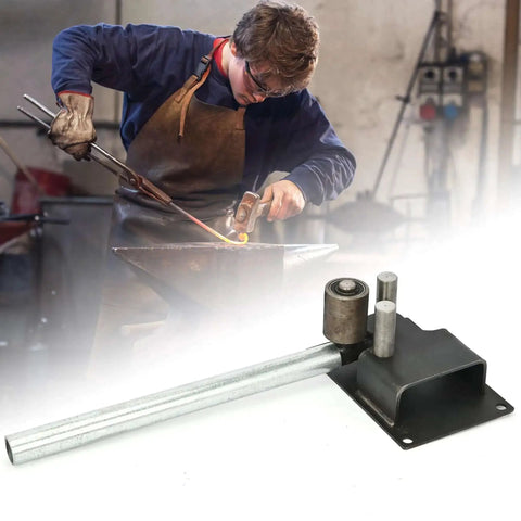 Heavy Duty Manual Rebar Bender For 4mm To 14mm Steel Rods in workshop with worker and anvil in the background