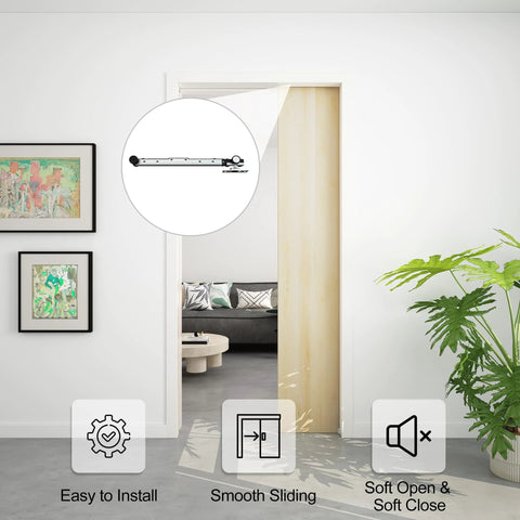 Workhorse Pocket Door Roller Kit With Soft Close, 120 Lbs Capacity, installed on wooden door for ultra smooth glide and quiet closings