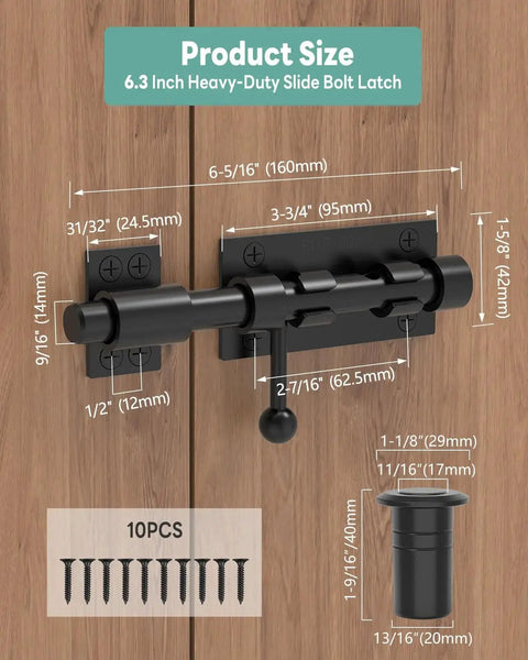 304 Stainless Steel Slide Bolt Gate Latch, 6.3 Inch Sliding Barrel Bolt Door Lock in black finish, installed on wood