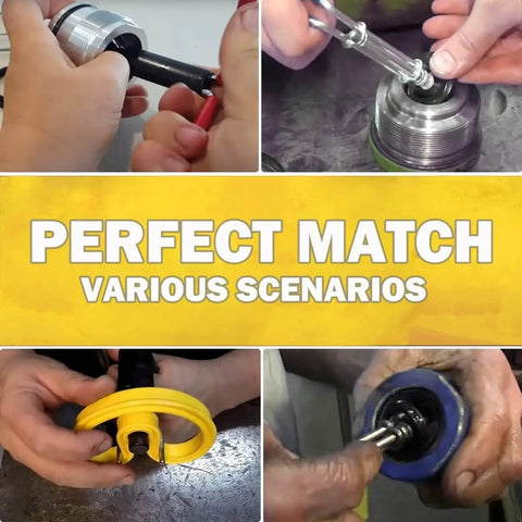 Hands using Three Pack Hydraulic Seal Installation Tools Kit For Cylinder Piston Repair And U-Cup Rod Seals Pro Grade Upgraded Seal Twistor Install Tool Set With Three Sizes For Quick Easy In-Cylinder Install.
