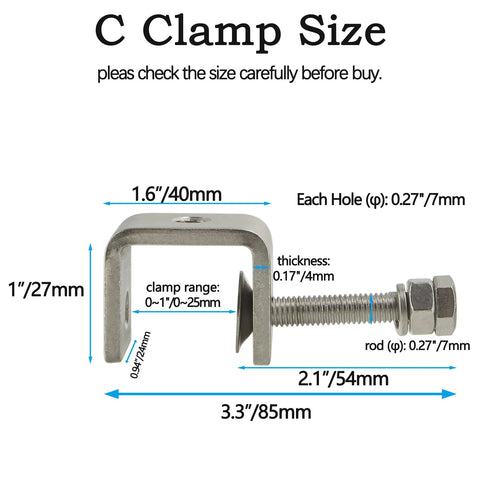 C-clamp: 304 stainless steel, 1-inch jaw opening; threaded rod and nut, overall length 3.3 inches for woodworking