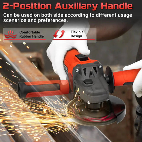 Beast Mode Four And A Half Inch Angle Grinder With Eleven Thousand RPM And Four Amp Motor in use with sparks flying, side view