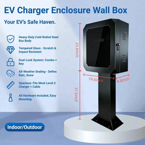 Outdoor EV Charger Enclosure With Key Lock, floor standing steel protective box with tempered glass front, weatherproof, black.