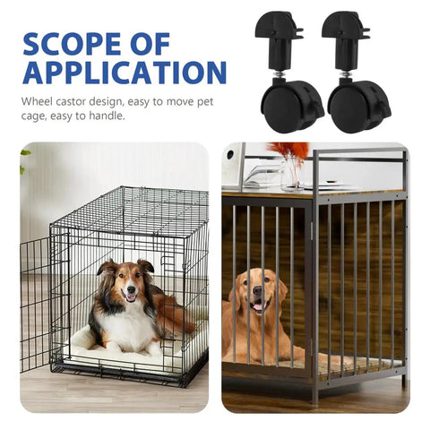 360 Degree Black Caster Wheels For Pet Cages Silent Rotating Casters With Locking Feature Replacement Wheels displayed next to pet cages