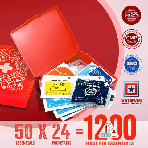 Pocket Aid Mini First Aid Kit With 50 Must Have Items In A Durable Hard Shell Case For Travel Outdoor School Camping Home And Office Perfect For On The Go 24 Pack Including 1200 Pieces By Everlit, showing open red case with various medical supplies and certifications.