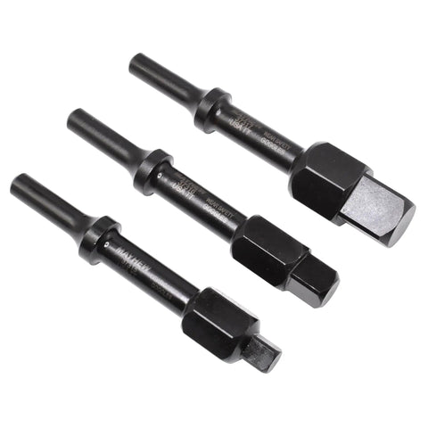 3 Piece Pneumatic Bolt Breaker Set For Air Hammer, USA Made, shown in black oxide finish with assorted sizes for automotive use